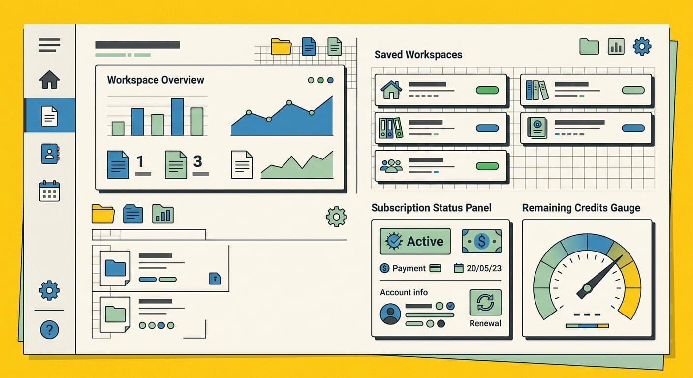 Account dashboard with subscription status and credits gauge