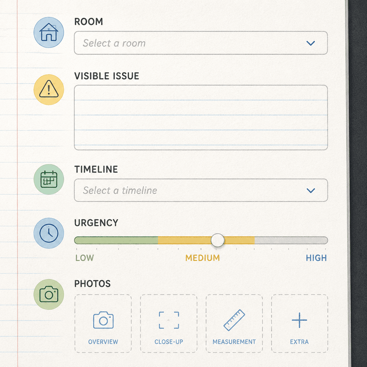 Utility Log note-entry panel with room, issue, timeline and photo fields
